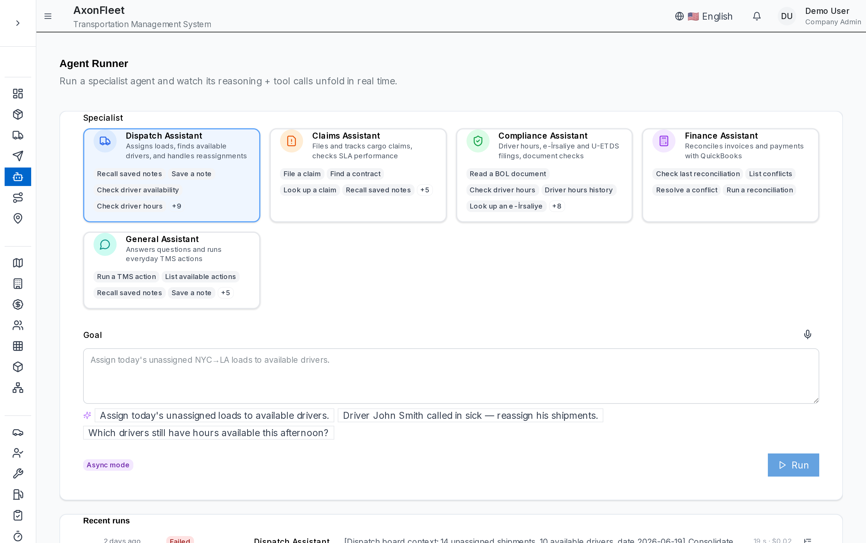 Axon Fleet Agent Runner — five specialist AI agents for dispatch, claims, compliance, finance, and general operations with a goal prompt and voice input