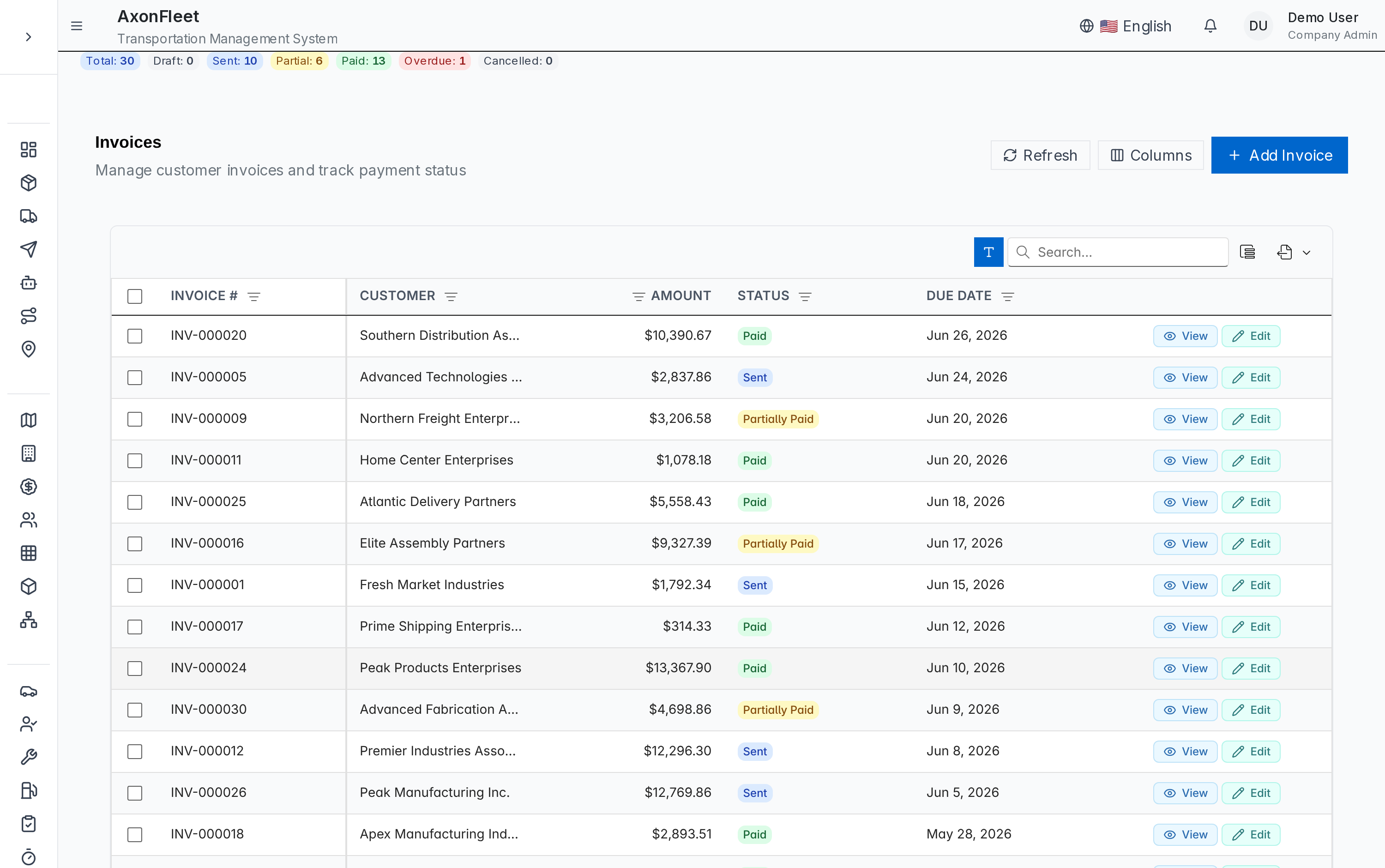 Axon Fleet invoices screen listing customer invoices with amounts, paid and sent statuses, and due dates