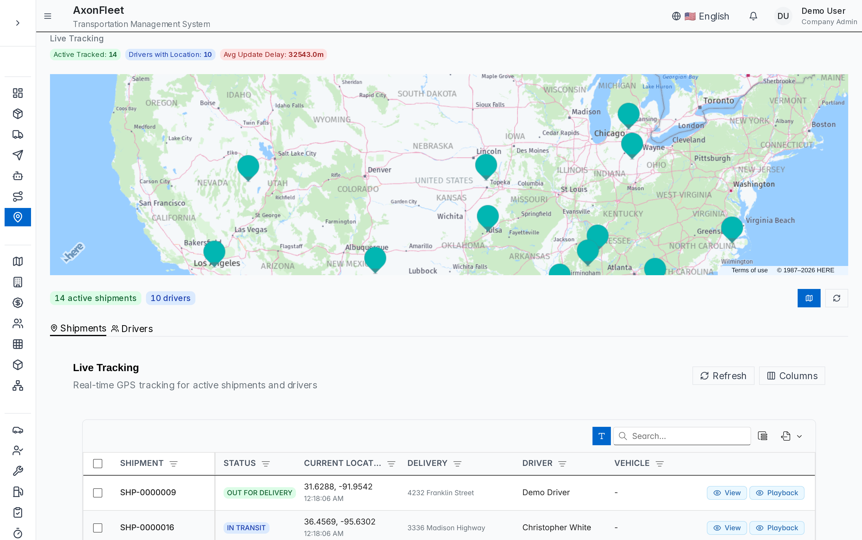 Axon Fleet live tracking map showing active shipments and drivers across the United States in real time
